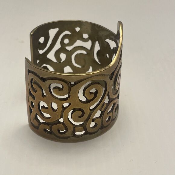 Vintage Artisan Modernist Wide Etruscan Egyptian Brass Cuff Bangle Bracelet - Picture 5 of 7